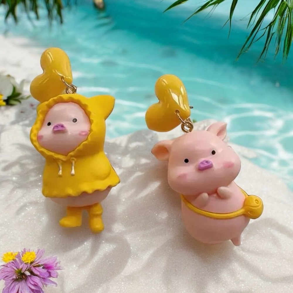 Charming Heart & 3D Piggy Mismatched‎ Drop Earrings - Versatile Accessories - Picture 5 of 11